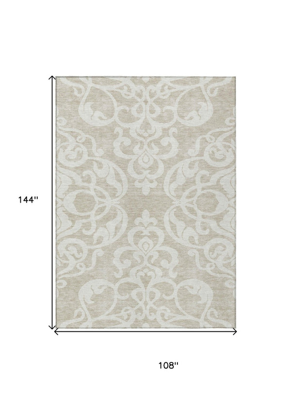 HomeRoots 5' Elegant Beige and Ivory Damask Area Rug – Durable, Washable for Indoor and Outdoor Use, Stylish Decor 9' X 12' 614405
