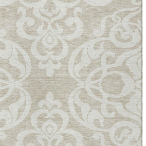 HomeRoots 5' Elegant Beige and Ivory Damask Area Rug – Durable, Washable for Indoor and Outdoor Use, Stylish Decor 9' X 12' 614405