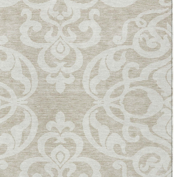 HomeRoots 5' Elegant Beige and Ivory Damask Area Rug – Durable, Washable for Indoor and Outdoor Use, Stylish Decor 9' X 12' 614405