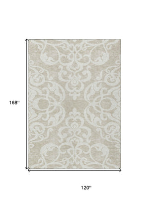 HomeRoots 5' Elegant Beige and Ivory Damask Area Rug – Durable, Washable for Indoor and Outdoor Use, Stylish Decor 10' X 14' 614406