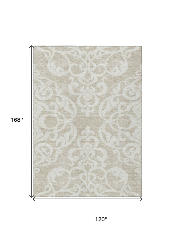 HomeRoots 5' Elegant Beige and Ivory Damask Area Rug – Durable, Washable for Indoor and Outdoor Use, Stylish Decor 10' X 14' 614406