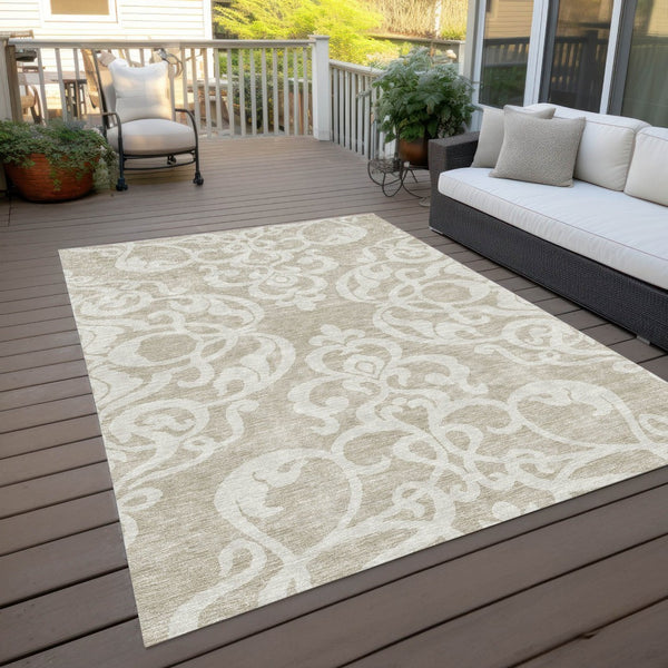 HomeRoots 5' Elegant Beige and Ivory Damask Area Rug – Durable, Washable for Indoor and Outdoor Use, Stylish Decor 10' X 14' 614406