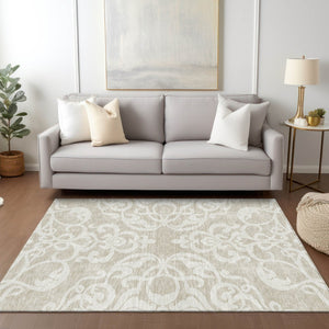 HomeRoots 5' Elegant Beige and Ivory Damask Area Rug – Durable, Washable for Indoor and Outdoor Use, Stylish Decor 10' X 14' 614406