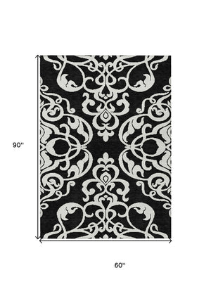 HomeRoots 5' Stylish Black and Ivory Damask Area Rug – Durable, Washable Design for Indoor and Outdoor Use 5' X 8' 614408