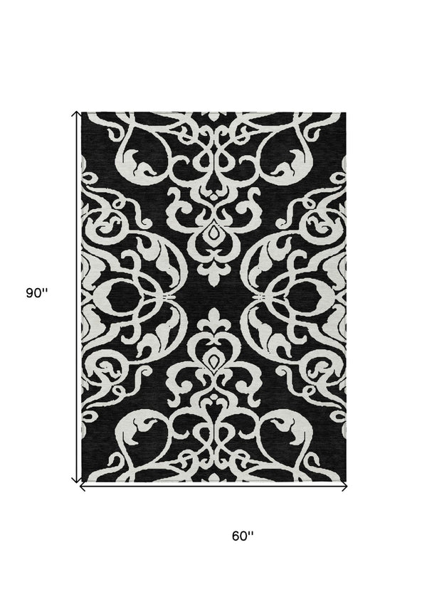 HomeRoots 5' Stylish Black and Ivory Damask Area Rug – Durable, Washable Design for Indoor and Outdoor Use 5' X 8' 614408