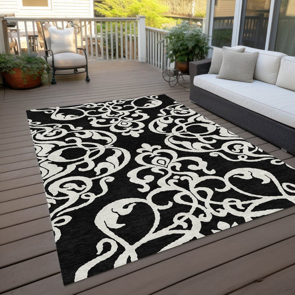 HomeRoots 5' Stylish Black and Ivory Damask Area Rug – Durable, Washable Design for Indoor and Outdoor Use 5' X 8' 614408