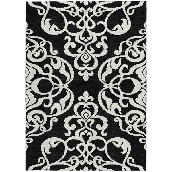 HomeRoots 5' Stylish Black and Ivory Damask Area Rug – Durable, Washable Design for Indoor and Outdoor Use 5' X 8' 614408