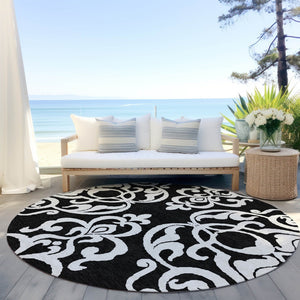 HomeRoots 5' Stylish Black and Ivory Damask Area Rug – Durable, Washable Design for Indoor and Outdoor Use 8' Round 614409