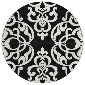 HomeRoots 5' Stylish Black and Ivory Damask Area Rug – Durable, Washable Design for Indoor and Outdoor Use 8' Round 614409