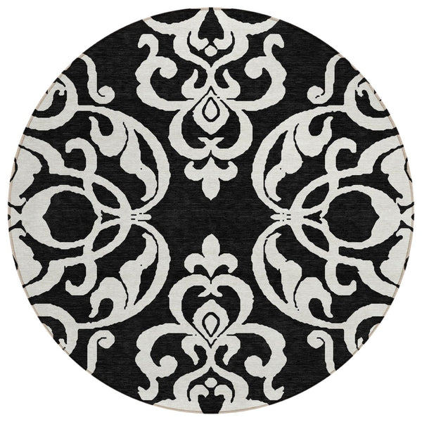 HomeRoots 5' Stylish Black and Ivory Damask Area Rug – Durable, Washable Design for Indoor and Outdoor Use 8' Round 614409