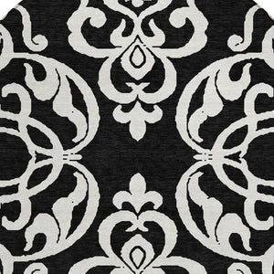 HomeRoots 5' Stylish Black and Ivory Damask Area Rug – Durable, Washable Design for Indoor and Outdoor Use 8' Round 614409
