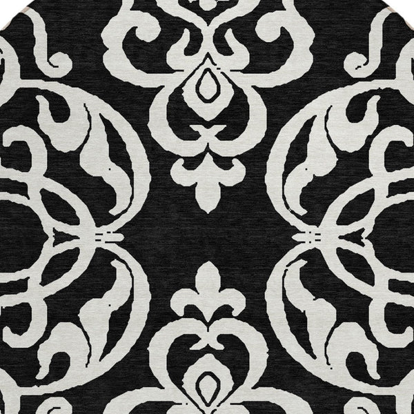 HomeRoots 5' Stylish Black and Ivory Damask Area Rug – Durable, Washable Design for Indoor and Outdoor Use 8' Round 614409