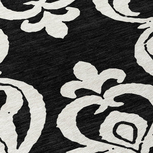 HomeRoots 5' Stylish Black and Ivory Damask Area Rug – Durable, Washable Design for Indoor and Outdoor Use 8' Round 614409