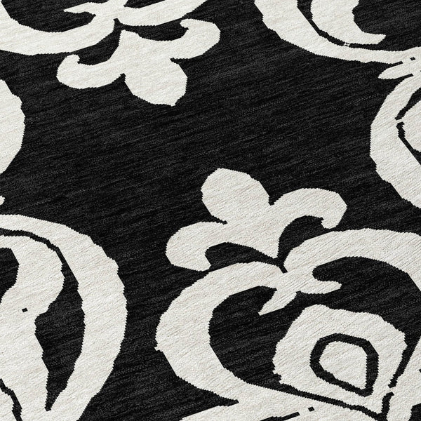 HomeRoots 5' Stylish Black and Ivory Damask Area Rug – Durable, Washable Design for Indoor and Outdoor Use 8' Round 614409