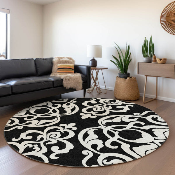 HomeRoots 5' Stylish Black and Ivory Damask Area Rug – Durable, Washable Design for Indoor and Outdoor Use 8' Round 614409