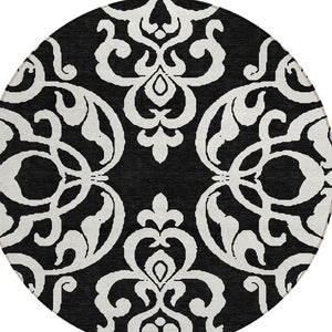 HomeRoots 5' Stylish Black and Ivory Damask Area Rug – Durable, Washable Design for Indoor and Outdoor Use 8' Round 614409