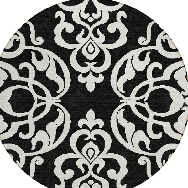 HomeRoots 5' Stylish Black and Ivory Damask Area Rug – Durable, Washable Design for Indoor and Outdoor Use 8' Round 614409