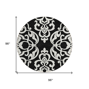 HomeRoots 5' Stylish Black and Ivory Damask Area Rug – Durable, Washable Design for Indoor and Outdoor Use 8' Round 614409