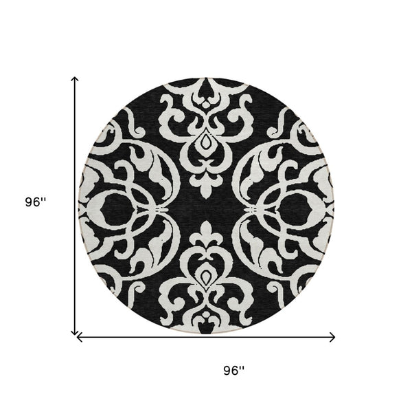 HomeRoots 5' Stylish Black and Ivory Damask Area Rug – Durable, Washable Design for Indoor and Outdoor Use 8' Round 614409