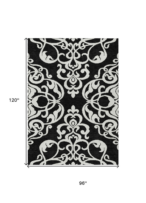 HomeRoots 5' Stylish Black and Ivory Damask Area Rug – Durable, Washable Design for Indoor and Outdoor Use 8' X 10' 614410