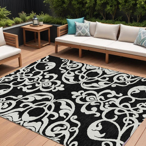 HomeRoots 5' Stylish Black and Ivory Damask Area Rug – Durable, Washable Design for Indoor and Outdoor Use 8' X 10' 614410