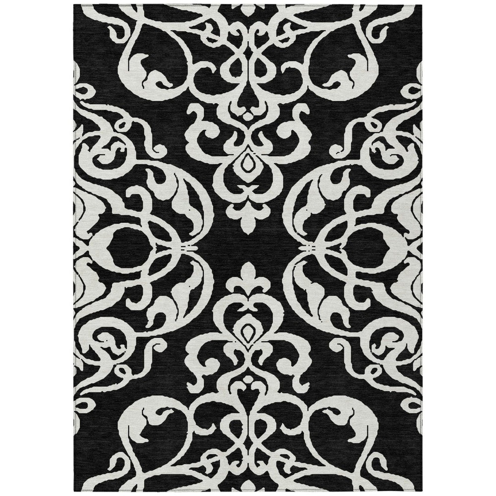 HomeRoots 5' Stylish Black and Ivory Damask Area Rug – Durable, Washable Design for Indoor and Outdoor Use 8' X 10' 614410