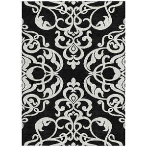 HomeRoots 5' Stylish Black and Ivory Damask Area Rug – Durable, Washable Design for Indoor and Outdoor Use 8' X 10' 614410