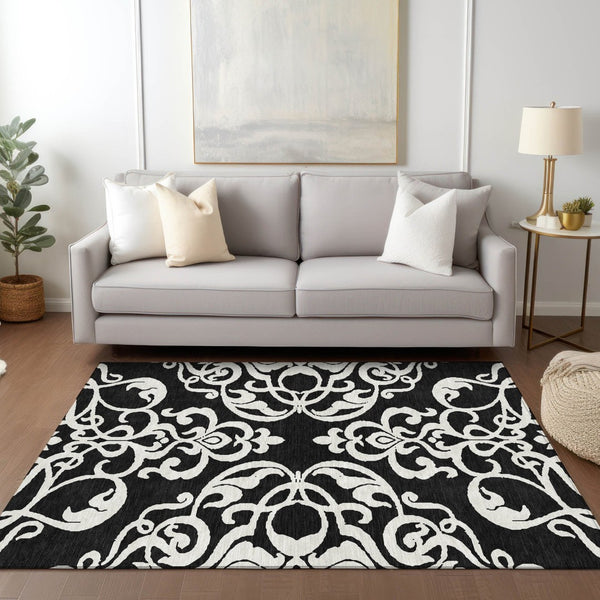 HomeRoots 5' Stylish Black and Ivory Damask Area Rug – Durable, Washable Design for Indoor and Outdoor Use 8' X 10' 614410