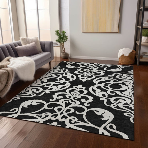 HomeRoots 5' Stylish Black and Ivory Damask Area Rug – Durable, Washable Design for Indoor and Outdoor Use 8' X 10' 614410