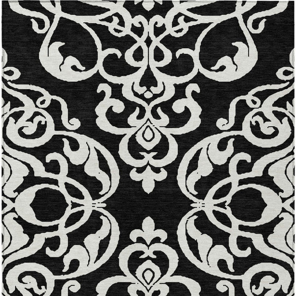 HomeRoots 5' Stylish Black and Ivory Damask Area Rug – Durable, Washable Design for Indoor and Outdoor Use 9' X 12' 614411