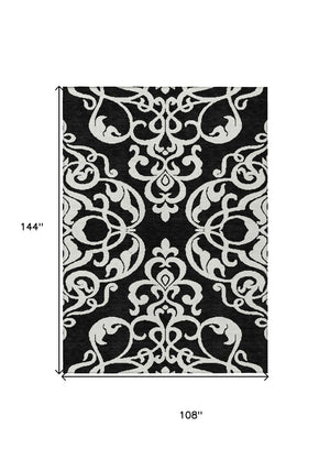 HomeRoots 5' Stylish Black and Ivory Damask Area Rug – Durable, Washable Design for Indoor and Outdoor Use 9' X 12' 614411