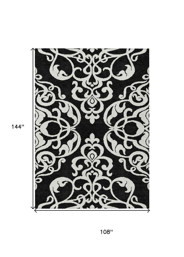 HomeRoots 5' Stylish Black and Ivory Damask Area Rug – Durable, Washable Design for Indoor and Outdoor Use 9' X 12' 614411
