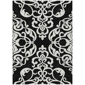 HomeRoots 5' Stylish Black and Ivory Damask Area Rug – Durable, Washable Design for Indoor and Outdoor Use 9' X 12' 614411