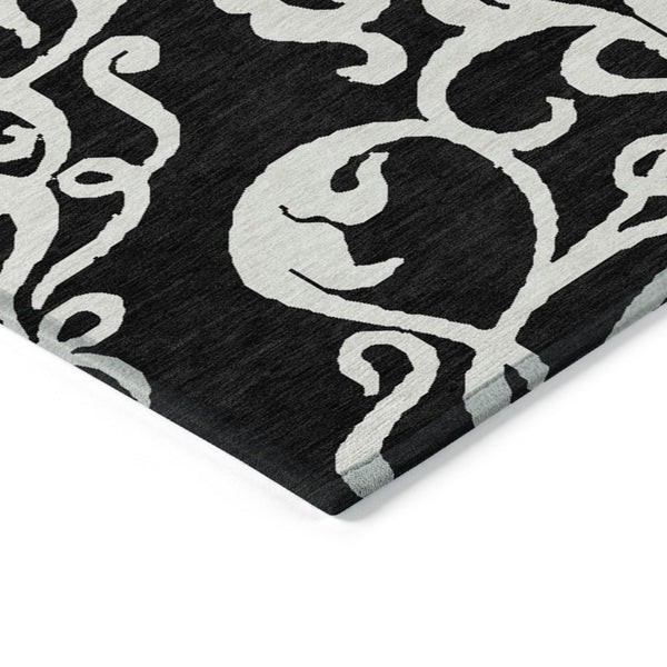HomeRoots 5' Stylish Black and Ivory Damask Area Rug – Durable, Washable Design for Indoor and Outdoor Use 9' X 12' 614411