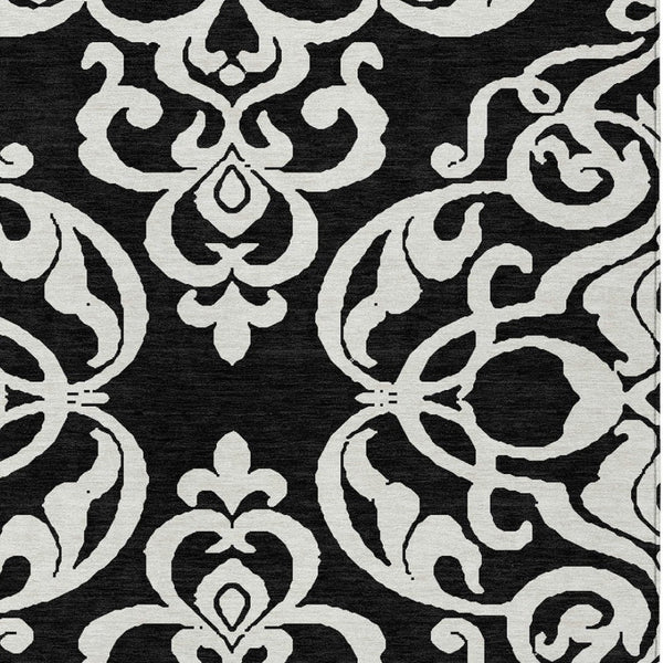 HomeRoots 5' Stylish Black and Ivory Damask Area Rug – Durable, Washable Design for Indoor and Outdoor Use 9' X 12' 614411