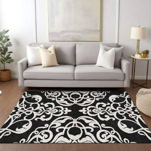 HomeRoots 5' Stylish Black and Ivory Damask Area Rug – Durable, Washable Design for Indoor and Outdoor Use 9' X 12' 614411