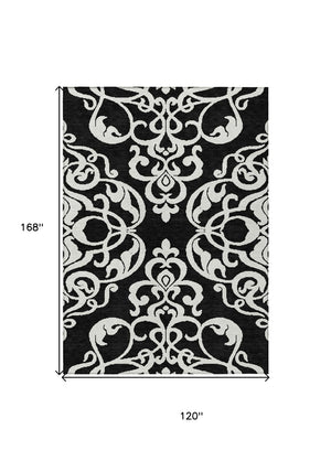 HomeRoots 5' Stylish Black and Ivory Damask Area Rug – Durable, Washable Design for Indoor and Outdoor Use 10' X 14' 614412