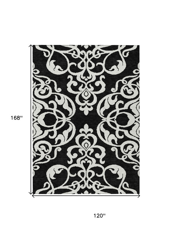 HomeRoots 5' Stylish Black and Ivory Damask Area Rug – Durable, Washable Design for Indoor and Outdoor Use 10' X 14' 614412