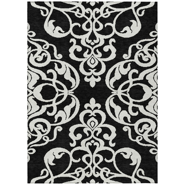 HomeRoots 5' Stylish Black and Ivory Damask Area Rug – Durable, Washable Design for Indoor and Outdoor Use 10' X 14' 614412