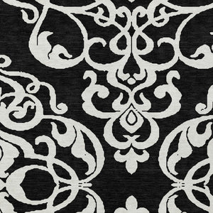 HomeRoots 5' Stylish Black and Ivory Damask Area Rug – Durable, Washable Design for Indoor and Outdoor Use 10' X 14' 614412