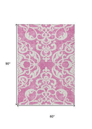 HomeRoots 5' Elegant Blush and Ivory Damask Area Rug - Stylish, Durable, Washable for Indoor and Outdoor Use 5' X 8' 614414