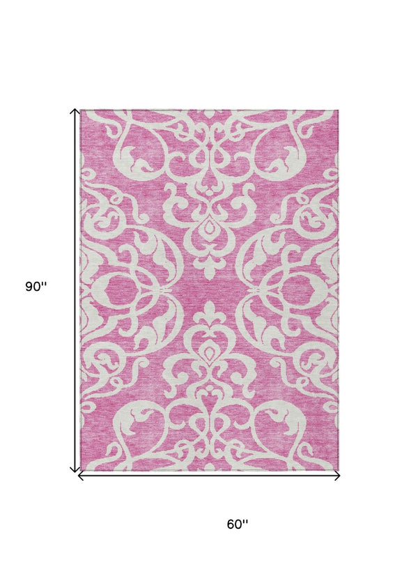 HomeRoots 5' Elegant Blush and Ivory Damask Area Rug - Stylish, Durable, Washable for Indoor and Outdoor Use 5' X 8' 614414