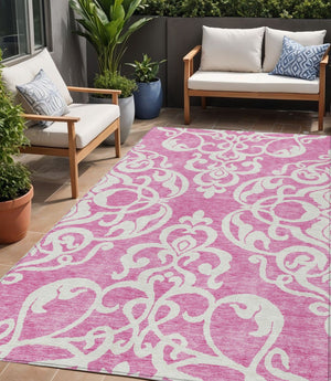 HomeRoots 5' Elegant Blush and Ivory Damask Area Rug - Stylish, Durable, Washable for Indoor and Outdoor Use 5' X 8' 614414