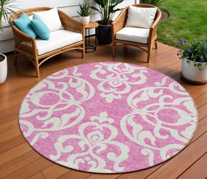 HomeRoots 5' Elegant Blush and Ivory Damask Area Rug - Stylish, Durable, Washable for Indoor and Outdoor Use 8' Round 614415