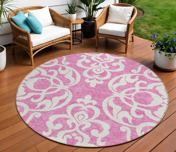 HomeRoots 5' Elegant Blush and Ivory Damask Area Rug - Stylish, Durable, Washable for Indoor and Outdoor Use 8' Round 614415