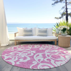 HomeRoots 5' Elegant Blush and Ivory Damask Area Rug - Stylish, Durable, Washable for Indoor and Outdoor Use 8' Round 614415