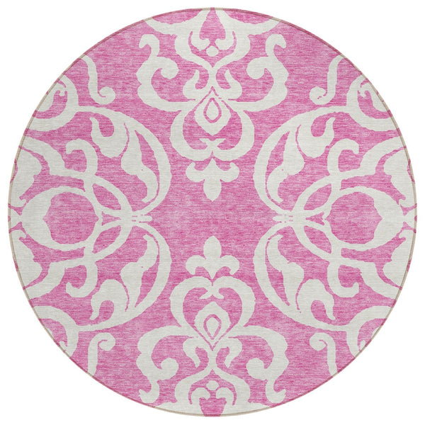 HomeRoots 5' Elegant Blush and Ivory Damask Area Rug - Stylish, Durable, Washable for Indoor and Outdoor Use 8' Round 614415