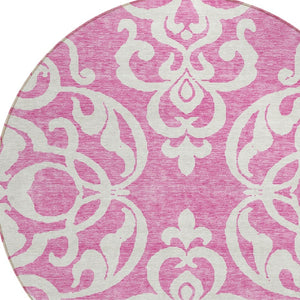 HomeRoots 5' Elegant Blush and Ivory Damask Area Rug - Stylish, Durable, Washable for Indoor and Outdoor Use 8' Round 614415