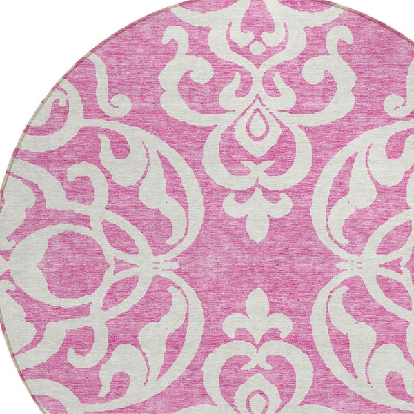 HomeRoots 5' Elegant Blush and Ivory Damask Area Rug - Stylish, Durable, Washable for Indoor and Outdoor Use 8' Round 614415