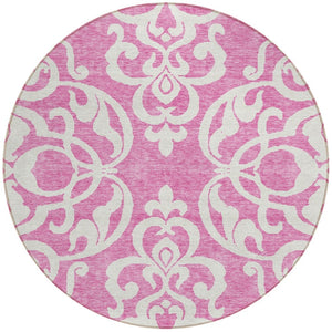 HomeRoots 5' Elegant Blush and Ivory Damask Area Rug - Stylish, Durable, Washable for Indoor and Outdoor Use 8' Round 614415